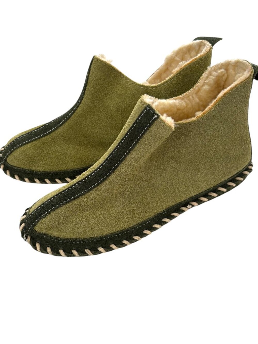 Vtg Quoddy Dorm Moccasin Boots Size 7 Green Suede Leather Shearling Lined Maine